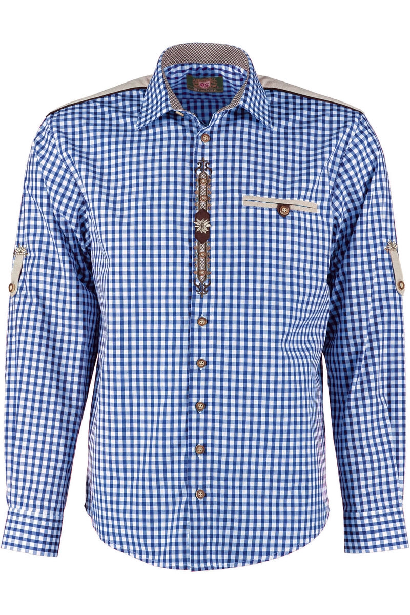 OS TRACHTEN Hemd blau kariert Regular Fit Langarm mit Stickerei